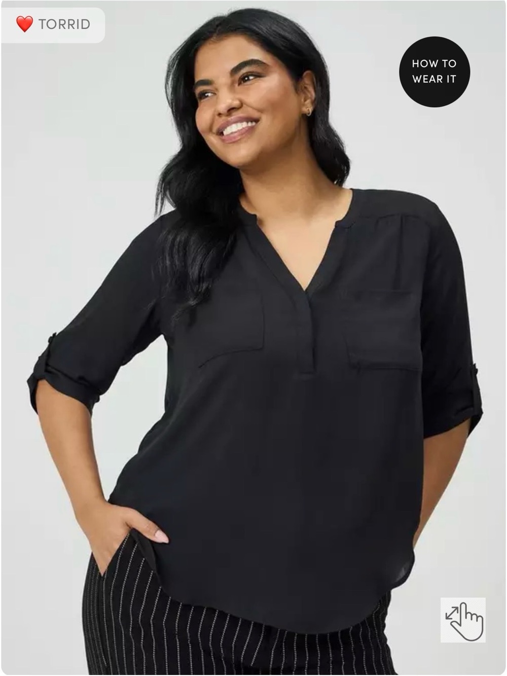 Torrid Black V-Neck Roll-Tab Sleeve Blouse